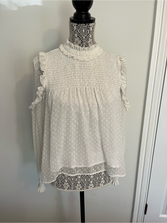 Zara Tops - Zara White Swiss Dot Ruffle Mock Neck Sleeveless Blouse